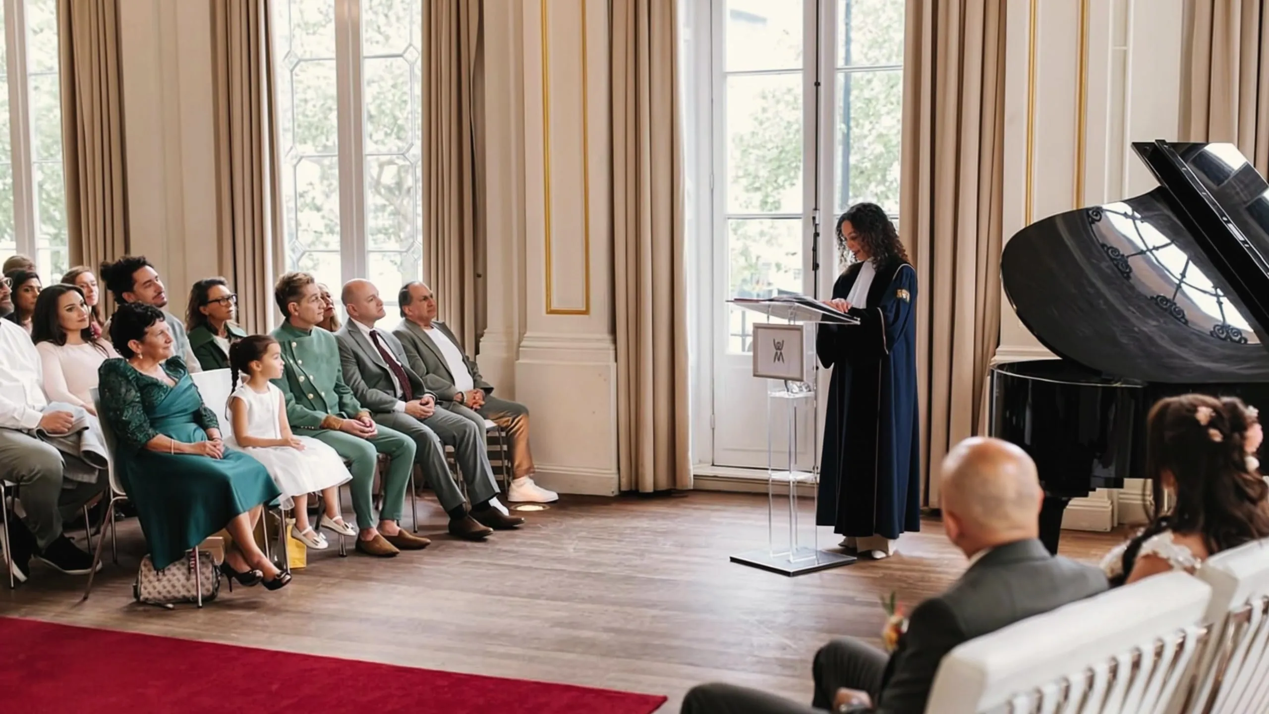 Angela spreekt het bruidspaar toe in het Wereldmuseum Rotterdam, familie luistert aan de zijkant